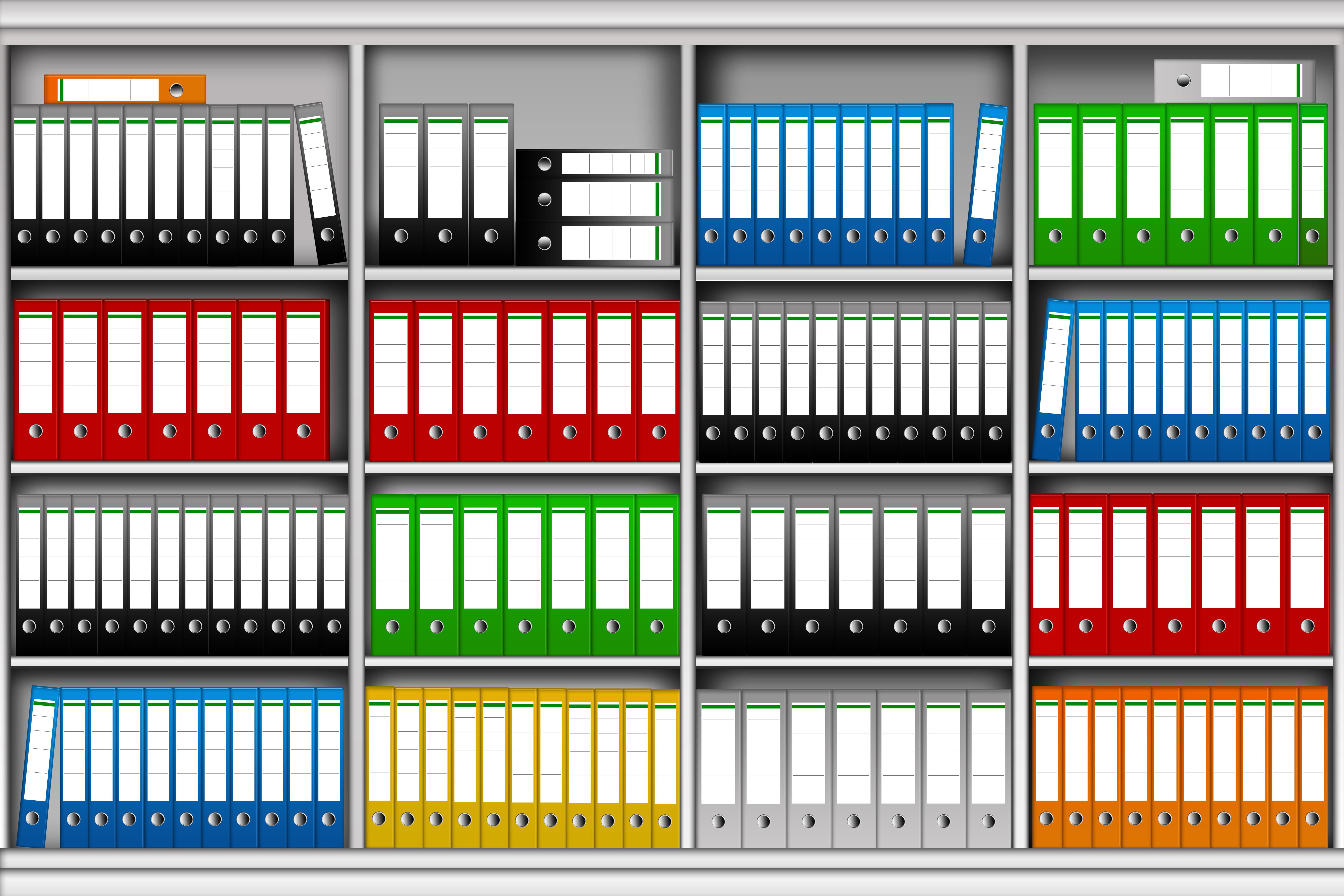 Regalschrank gefüllt mit bunten Ordnern